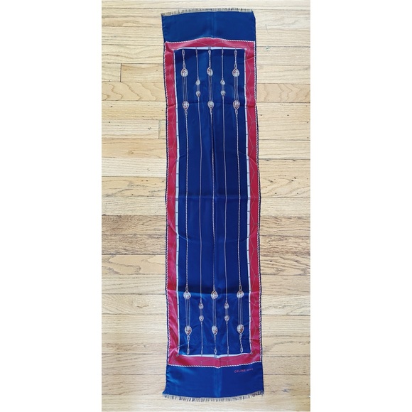 Vintage Celine Paris Silk Scarf Chain Equestrian Navy Rectangle 11x24 Rolled Hem - Picture 3 of 5
